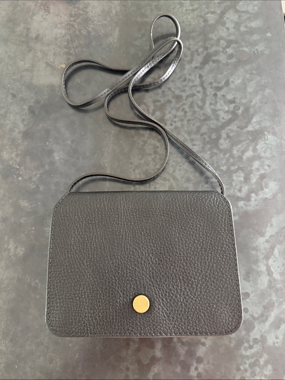 Classic Black Leather Crossbody with Gold Button